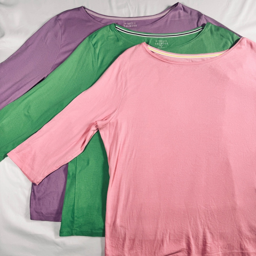 Talbots Pima Cotton Boat Neck Tee Bundle Women 2X Pink Green Purple 3/4 Sleeve - Picture 2 of 7